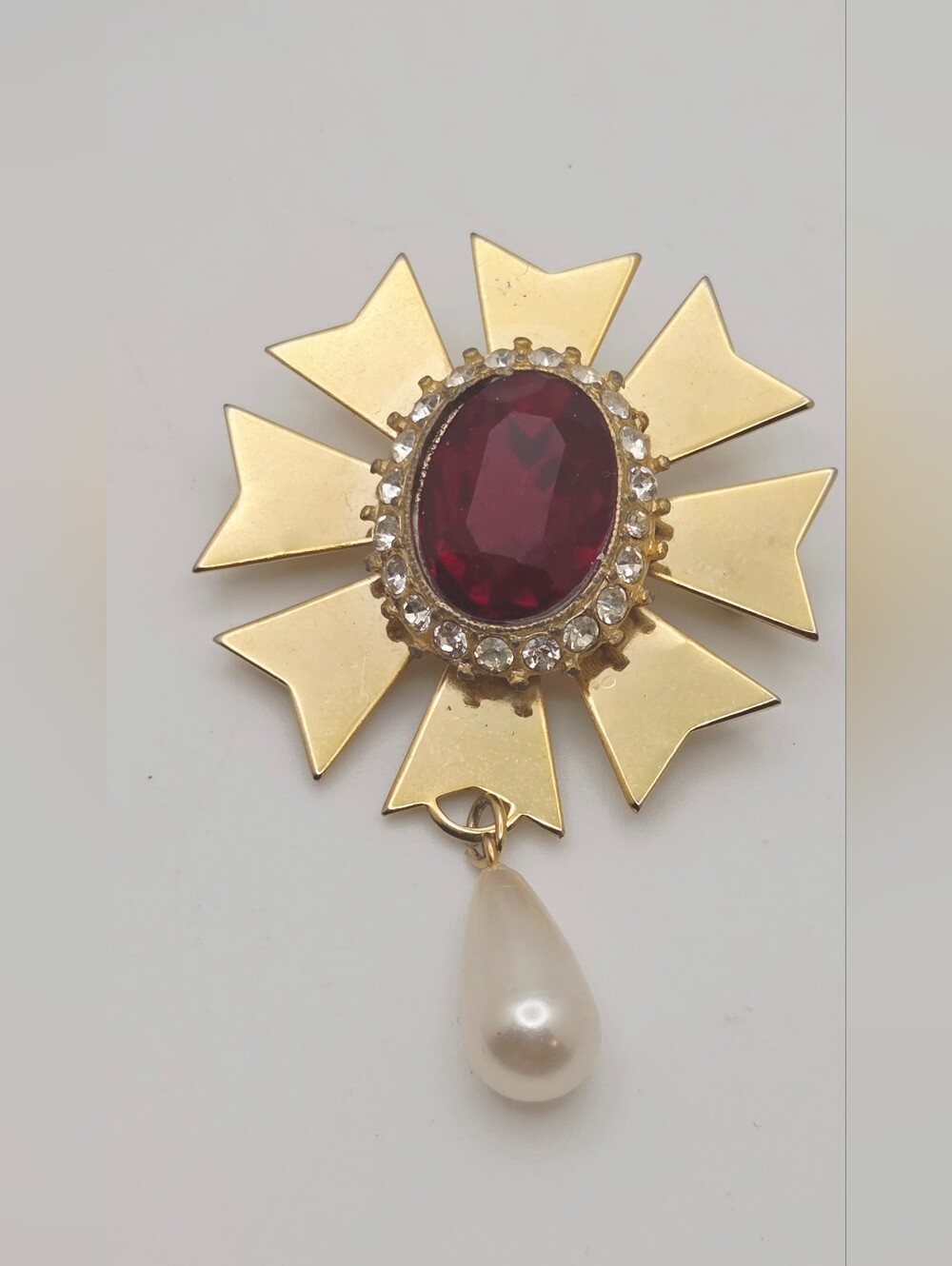 Vintage Maltese Cross Brooch Pin Ruby Red Rhinestone Faux Pearl Drop Gothic